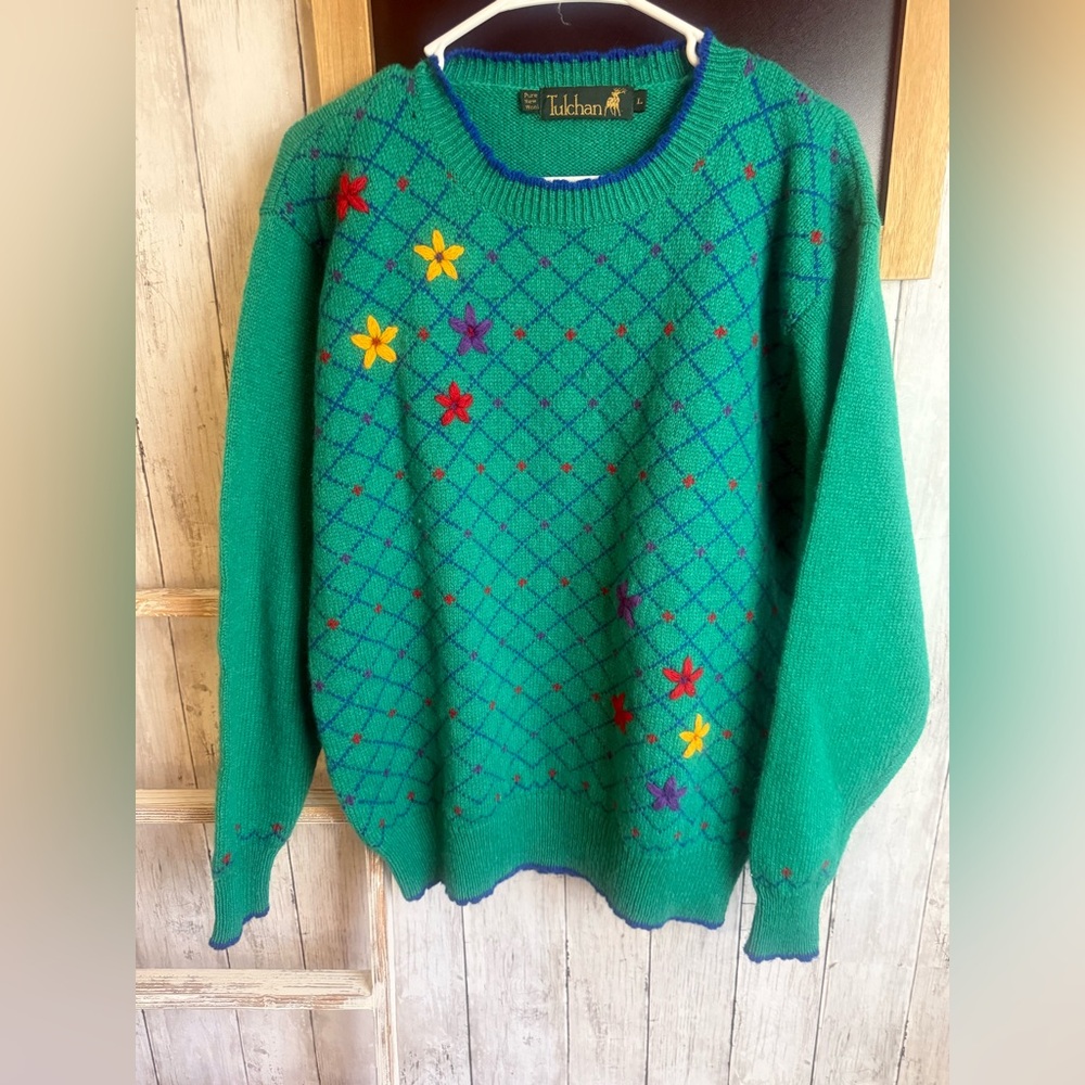 Vintage Tulchan Green Crew Neck Wool Sweater Size Large Embroidered Flowers - Picture 2 of 5